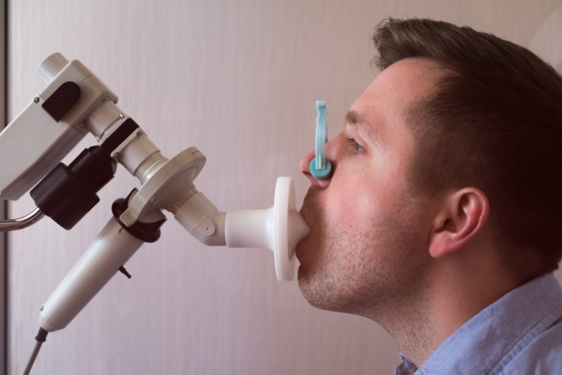 A man having Hydrogen Breath Test in Rocky Mountain Gastroenterology at Littleton, CO